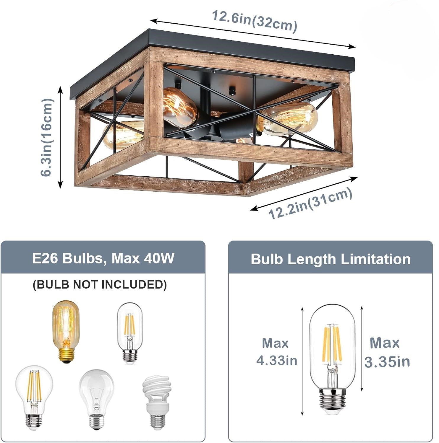 Wooden Flush Mount Ceiling Lights, 4 Light Farmhouse Close To Ceiling Lighting Fixtures Black Ceiling Lamp For Kitchen Island Living Room Bedroom Hallway Laundry Entryway Wood Wood Metal