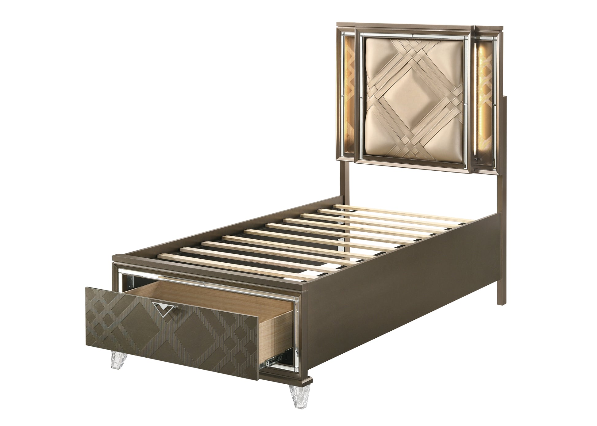 Beige And Dark Champagne Twin Bed With Storage Box Spring Not Required Twin Beige Wood Bedroom Glam Rubberwood Storage Included Wood