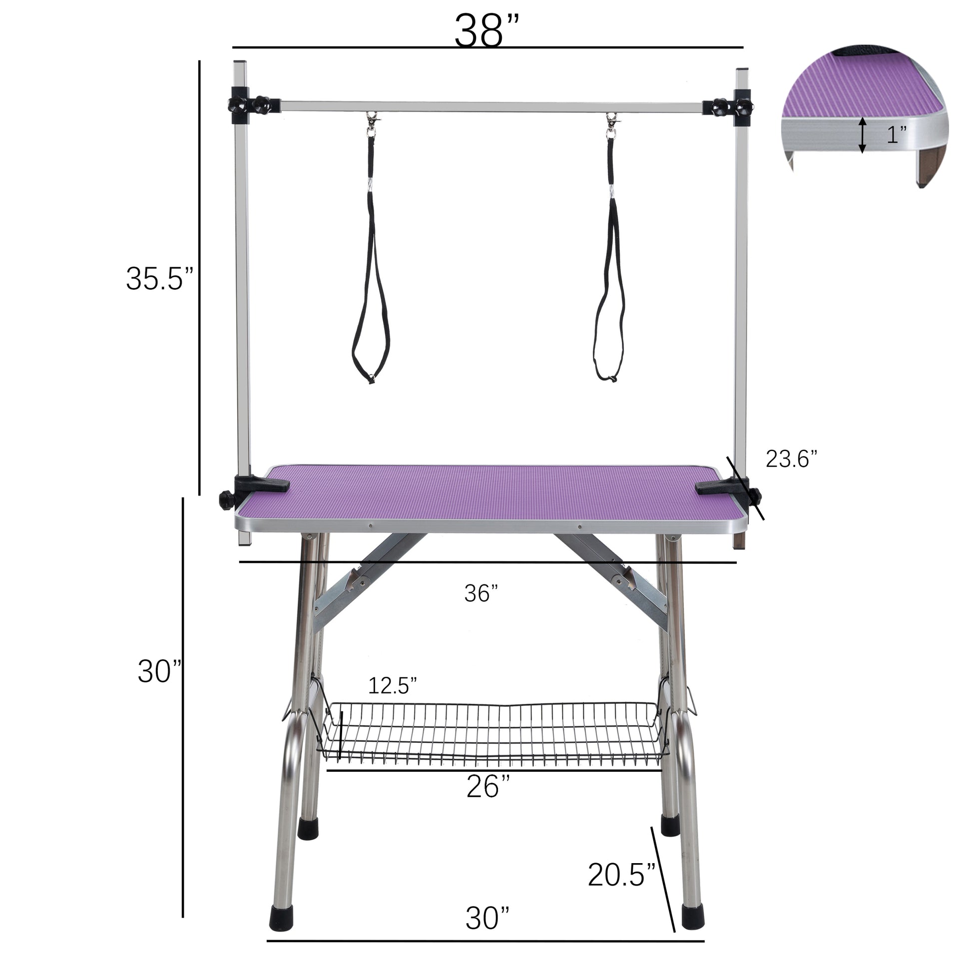 36" Folding Dog Pet Grooming Table Stainless Steel Frame Rubber Mat On Board With Adjustable Arm And Clamps Pet Dog Cat Grooming Table Purple Color Purple Rubber Stainless Steel