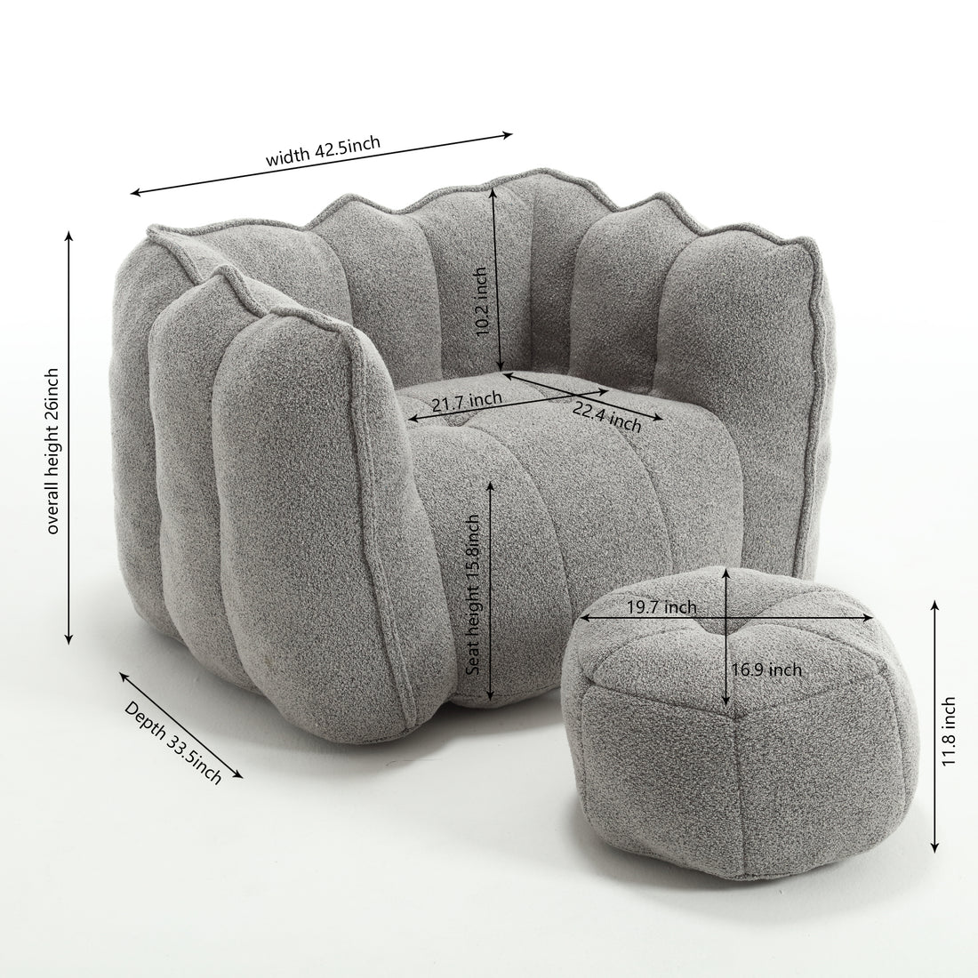 Soft Bean Bag Chair With High Resilient Foam Chips For Living Room And Bedroom,Comfortable Square Lazy Sofa With Footstool, Cover For Adults To Gaming, Reading, And Watching Tv Grey Chenille