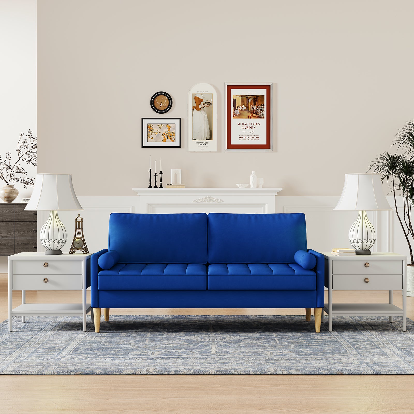Roma 67.7'' 3 Seater Sofa Couch For Living Room, Modern Sofa,Small Couches For Small Spaces,Upholstered 3 Seater Couch For Bedroom, Apartment, Home Office, Tool Free Assembly,Blue Blue Velvet Wood
