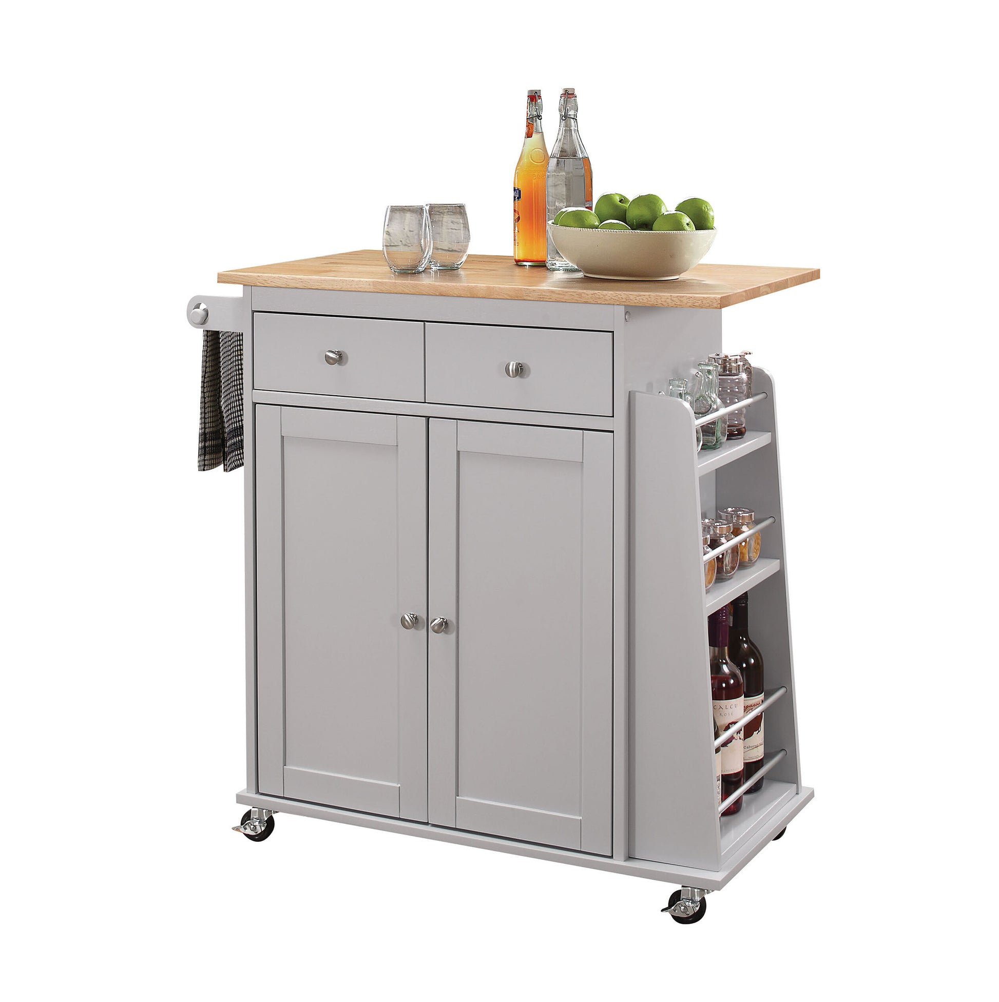 Natural And Grey 2 Drawer Kitchen Cart Natural Grey Dining Room Rectangular Kitchen Carts Rubberwood Wood Small Less Than 40In