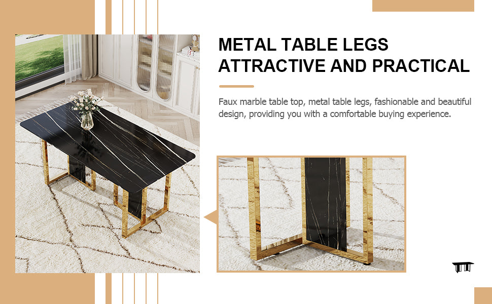 Table And Chair Set. Modern Dining Table With Mdf Top And Beautiful Mdf Legs. Equipped With Comfortable Pu Chairs And Metal Legs. Suitable For A Wide Range Of Decorative Styles. Black Seats 8 Mdf