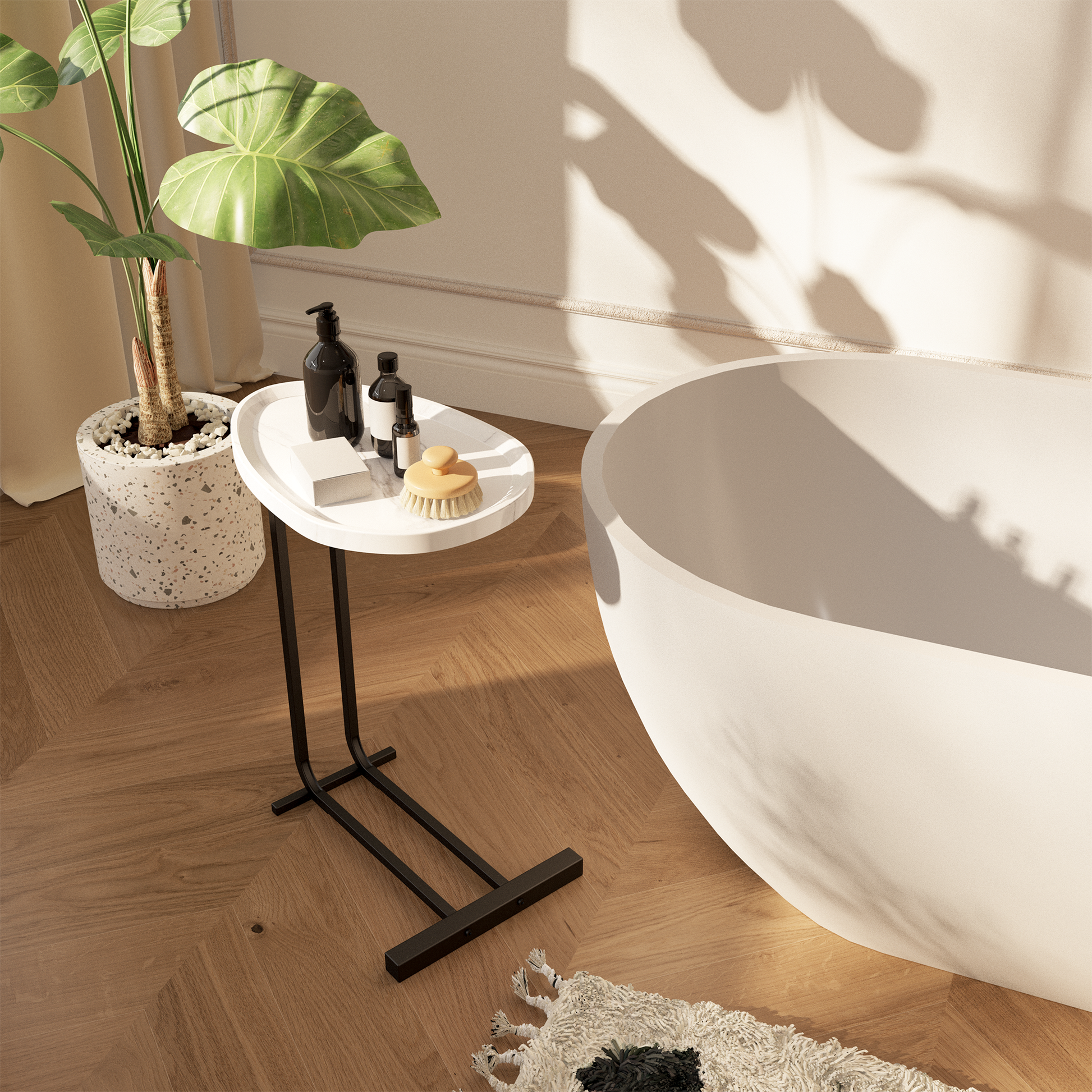 C Shaped Side Table, C Table End Table For Sofa And Bedside, Couch Side Tables, Wood C Shaped End Table With Metal Frame Slide For Bedroom Living Room White White Mdf Metal