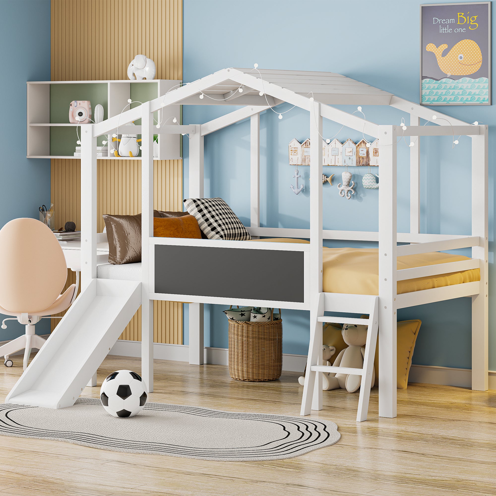 Twin Size Loft Bed With Ladder And Slide, House Bed With Blackboard And Light Strip On The Roof, White Twin White Solid Wood Mdf