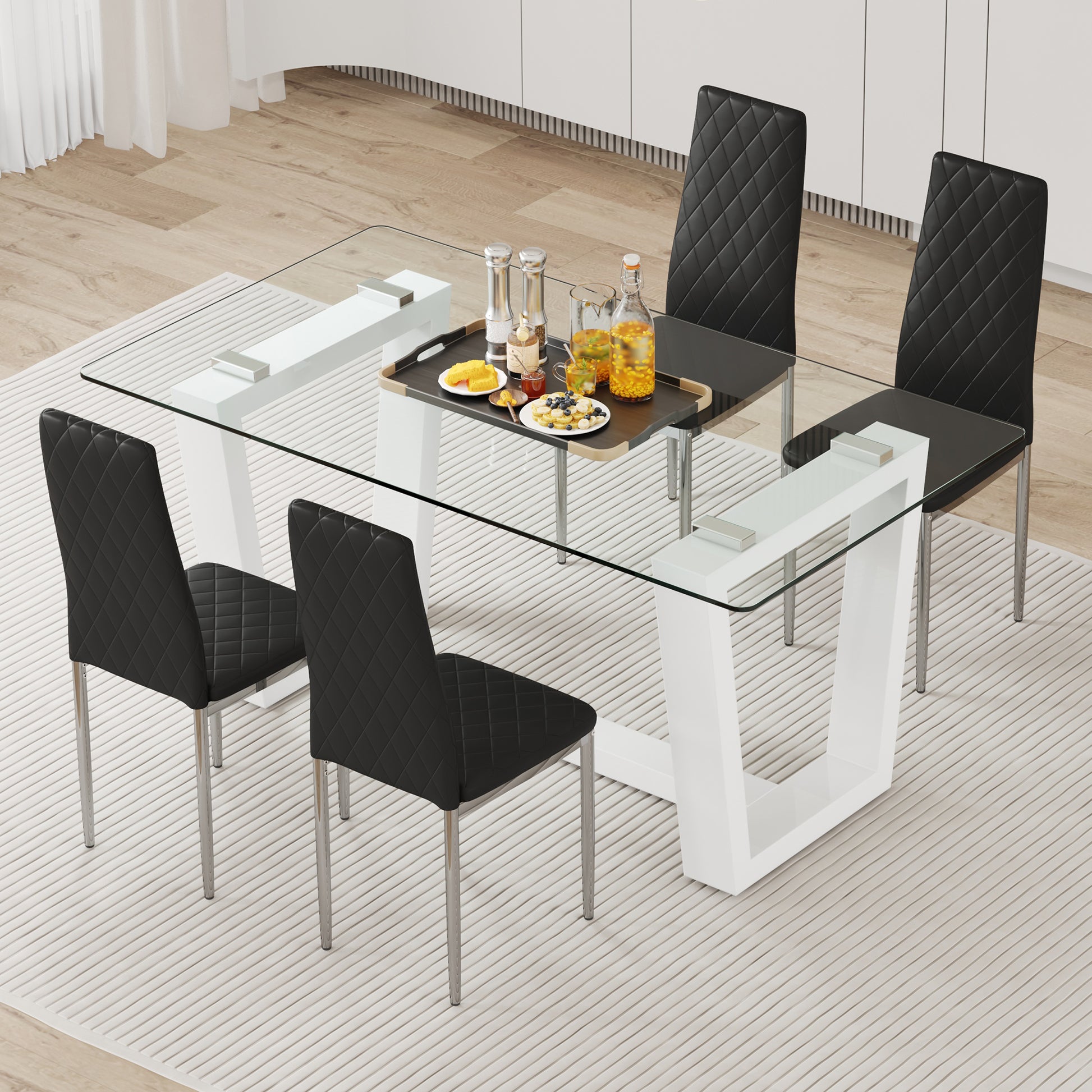 Table And Chair Set.A Rectangular Dining Table Features With Tempered Glass Top And Sleek White Mdf Stand.Paried With 4 Pu Chairs With Checkered Armless High Back And Electroplated Metal Legs. Black,White Seats 4 Mdf Glass