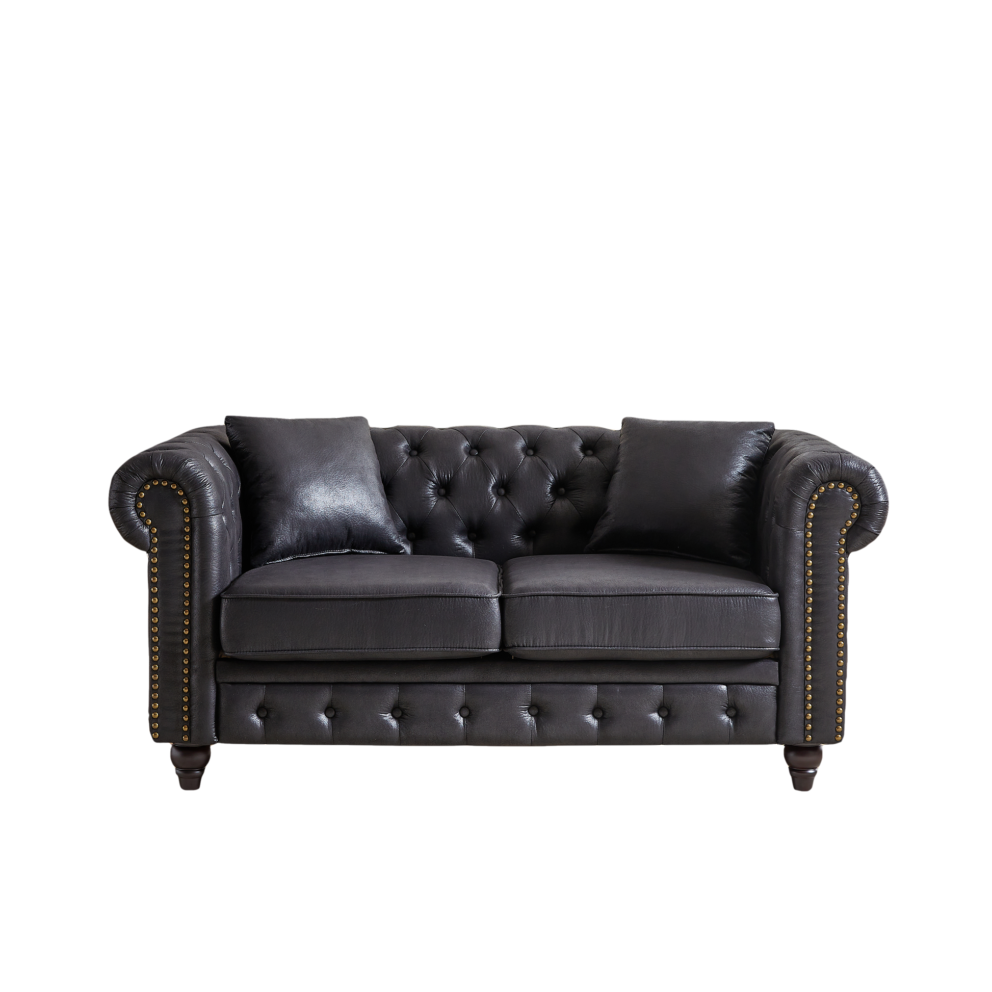 Fx 63.5" Contemporary Design Chesterfield Sofa, Tech Fabric Button Design Living Room Sectional, Button Tufted With Nail Design Arms With 2 Pillows, Upholstered Upholstery And Wooden Legs Black Wood Primary Living Space Pine Foam Fabric 3 Seat
