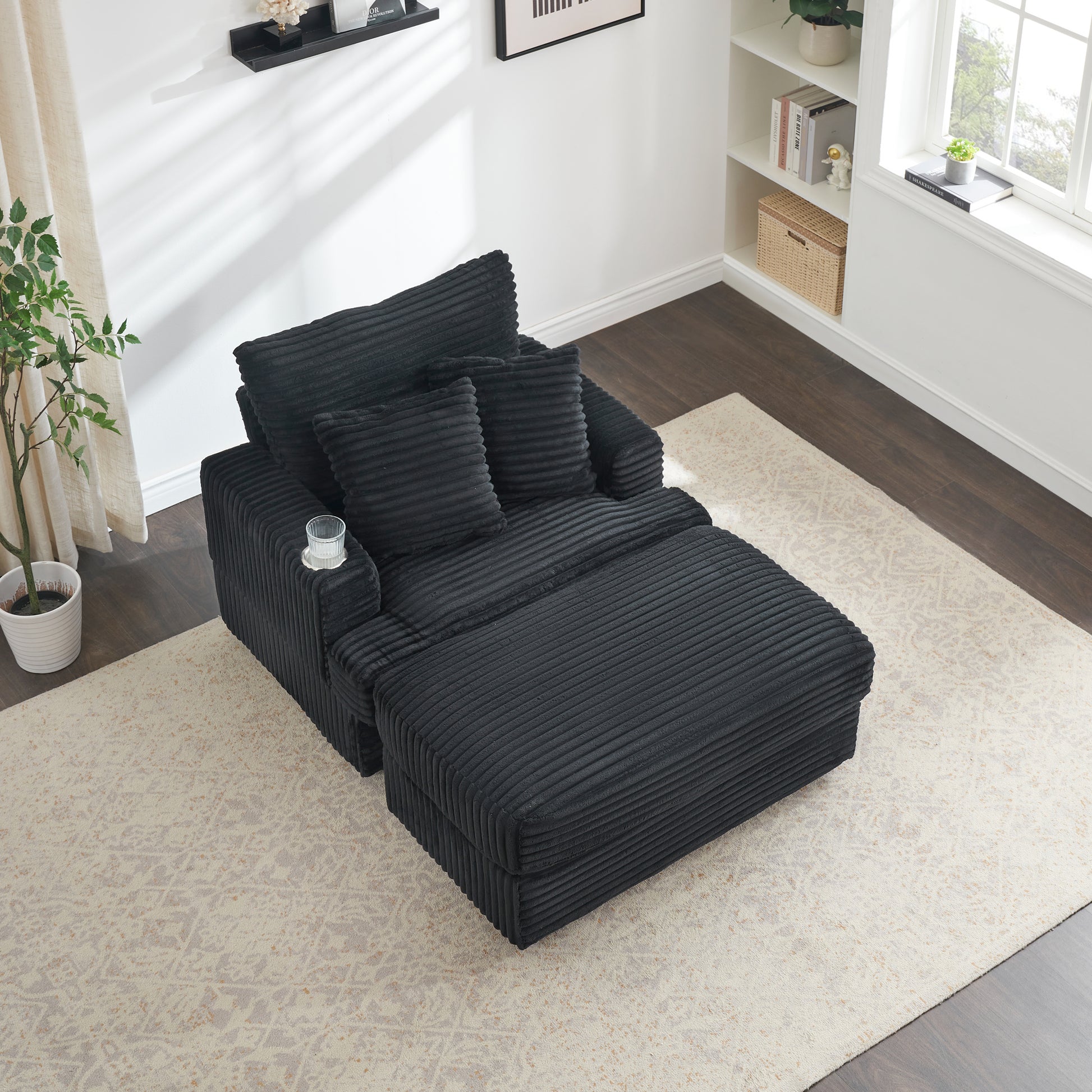 39 Inch Spring Upholstered Armchair And Ottoman Set Comfortable Single Sofa With Cup Holder And Corduroy Fabric, Perfect For Living Room Or Bedroom Black Corduroy 1 Seat