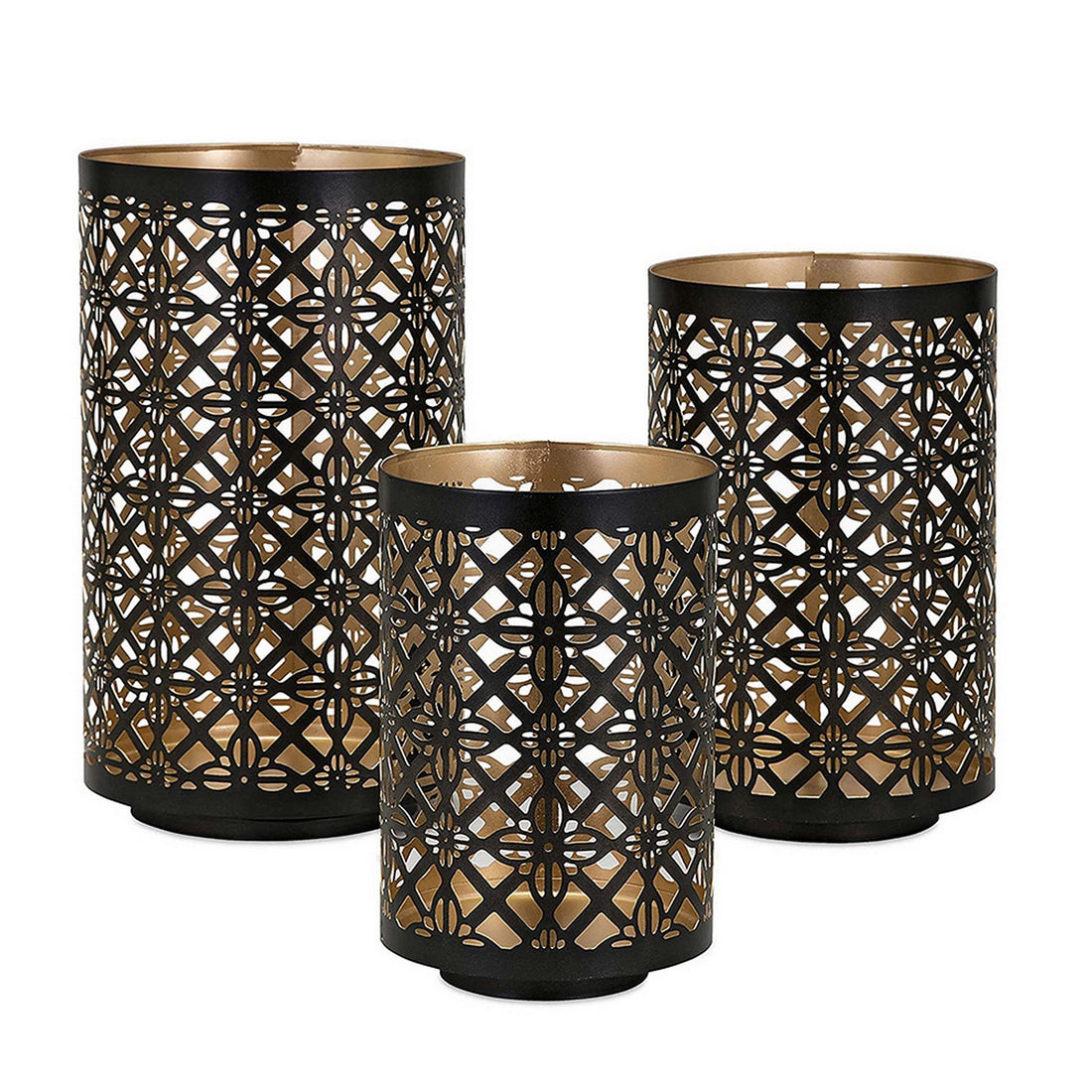 Set Of 3 Rounded Iron Candle Holder Lanterns, Matte Black Gold Latticework Black Gold Iron