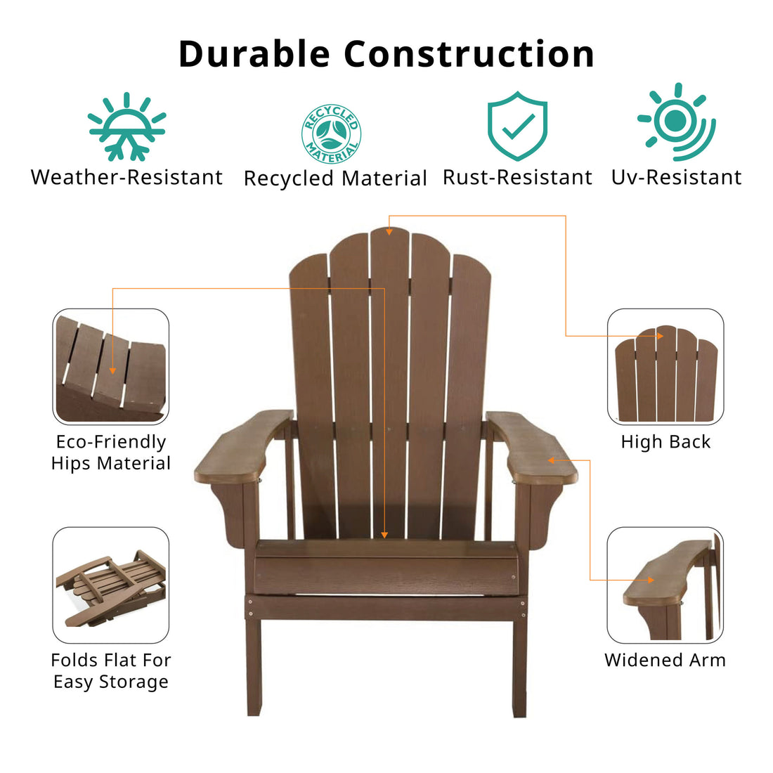 Key West Outdoor Plastic Wood Adirondack Chair, Patio Chair For Deck, Backyards, Lawns, Poolside, And Beaches, Weather Resistant, Brown Brown Polyethylene