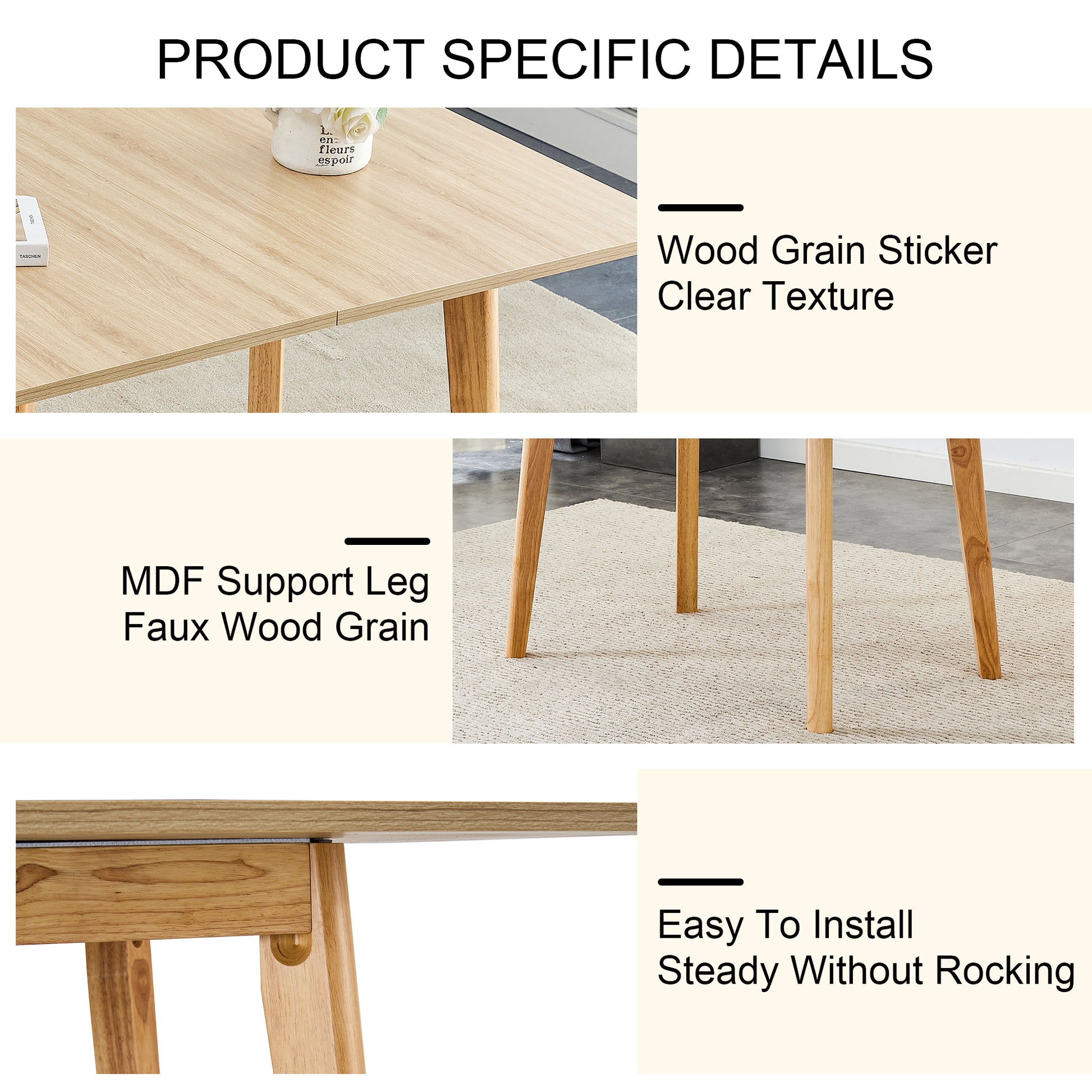 Wood Colored Mdf Desktop With Rubber Wooden Legs, Foldable Computer Desk, Foldable Office Desk, Solid Wood Dining Chair With Small Curved Back And Pu Cushion, Zd 1545 Dx 2361 Wood Seats 4 Wood