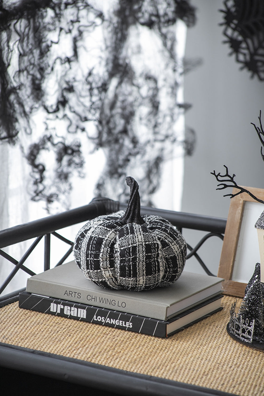 7X7X7" Fabric Light Black White Plaid Pumpkin, For Holiday Halloween Decor Black,White Polyester