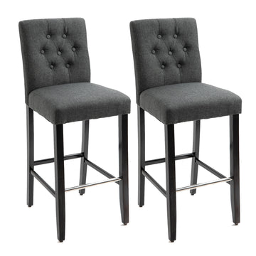 Homcom 2 Piece Bar Height Barstools, 30 Inches Linen Upholstered Breakfast Stools, Bar Chairs With Back, Footrest And Solid Wood Leg, Armless Seat For Kitchen, Dining Room, Grey Dark Grey Pine