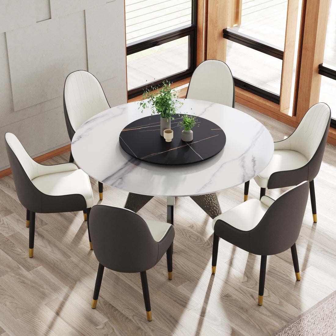 59.05" Round Marble Dining Table With Silver Stainless Steel Design Base, Artificial Marble For 6 8 People, 31.5"Black Artificial Stone Turntable,White&Black Dining Table Only Black,Silver,White