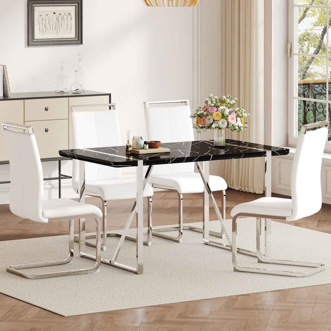 Table And Chair Set.A Rustic Industrial Rectangular Mdf Black Dining Table With Mdf Desktop And Electroplated Silver Metal Legs.Paried With 4 Chairs With Pu Cushion And Metal Legs. White Black Seats 4 Mdf Metal