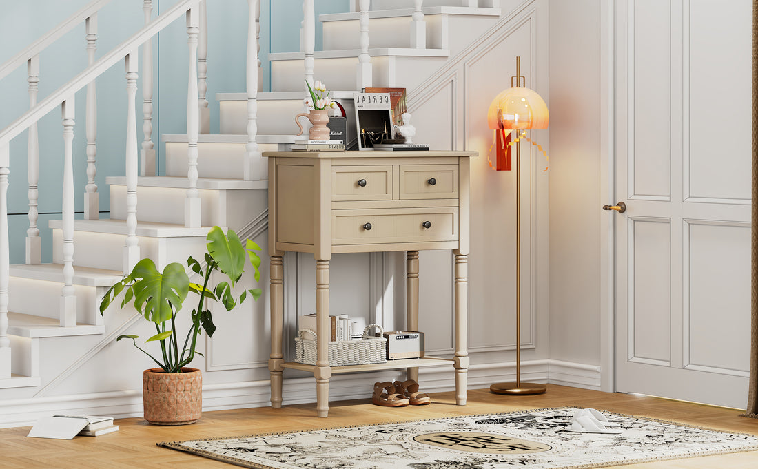 Narrow Console Table, Slim Sofa Table With Three Storage Drawers And Bottom Shelf Beige Beige Solid Wood Mdf