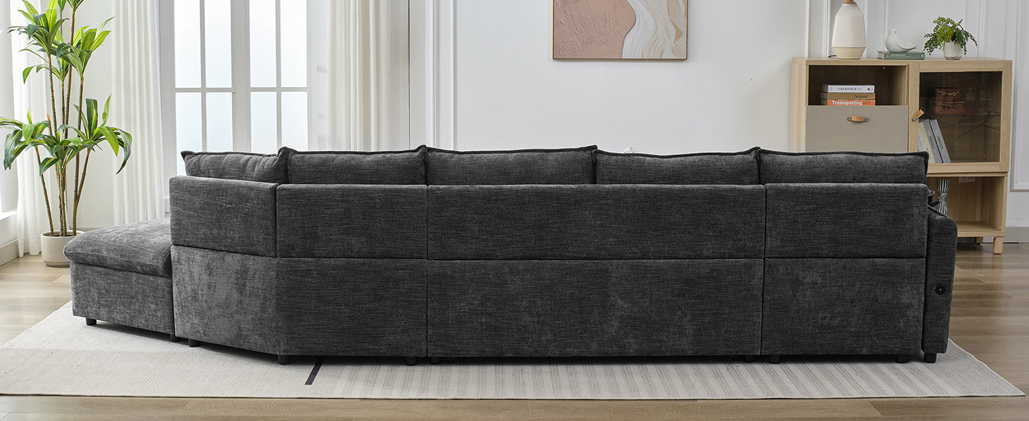 146.9" L Shaped Sofa Sectional Sofa Couch Pull Out Sofa Bed With A Movable Storage Ottoman, A Storage Chaise Lounge And Two Usb Ports For Living Room, Grey Grey Foam Linen 5 Seat