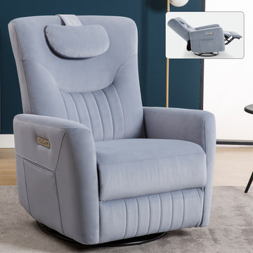 Blue Swivel And Rocker Power Recliner Chair With Lumbar And Neck Support Pillow, Heavy Duty Motion Mechanism With Usb And Type C Ports Blue Polyester Power Push Button Metal Primary Living Space Medium Firm Tight Back Heavy Duty American Design Pine