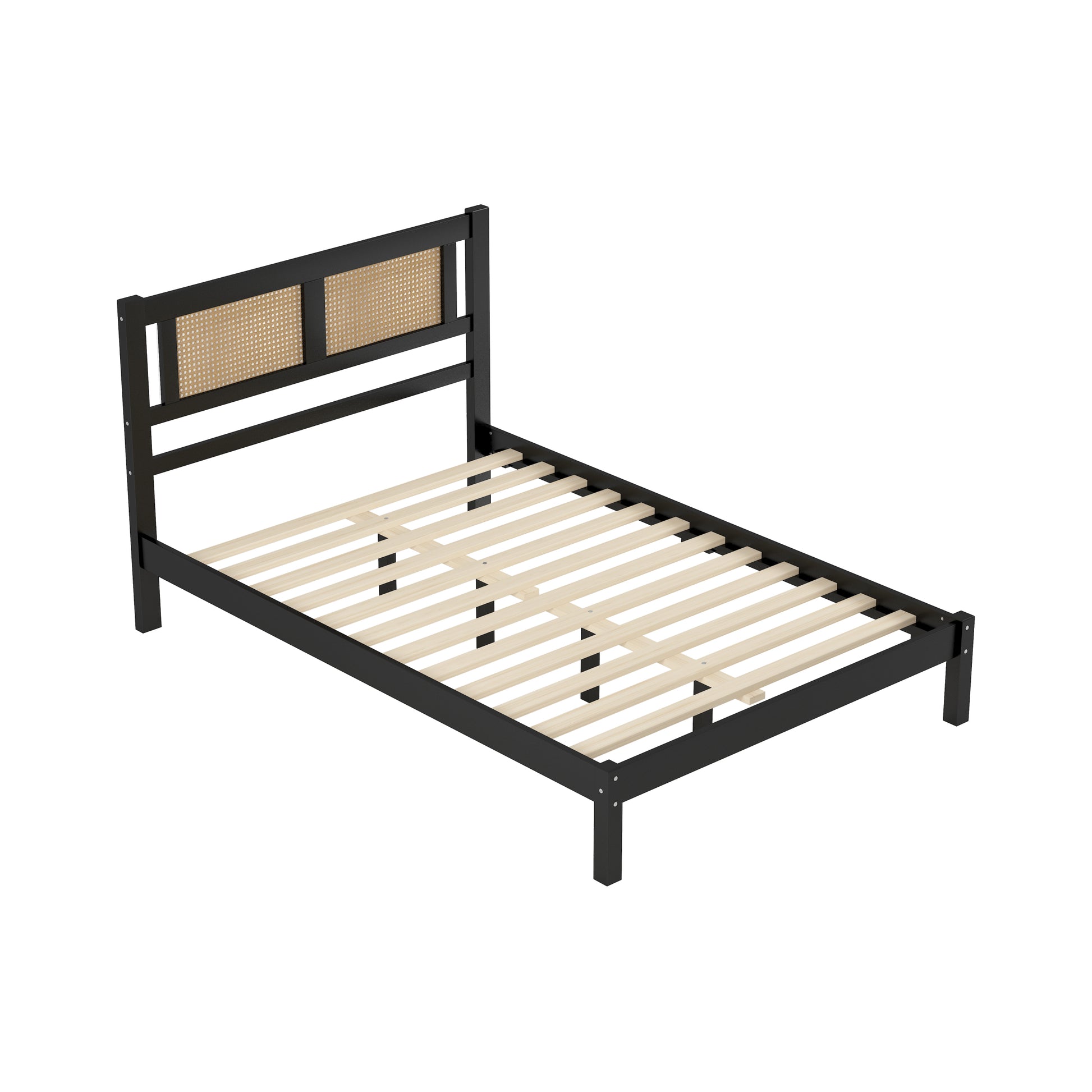 3 Pieces Bedroom Sets Full Size Wooden Platform Bed With Natural Rattan Headboard, Nightstands Set Of 2 With Rattan Woven Surfaces And Three Drawers For Bedroom, Black Black Particle Board