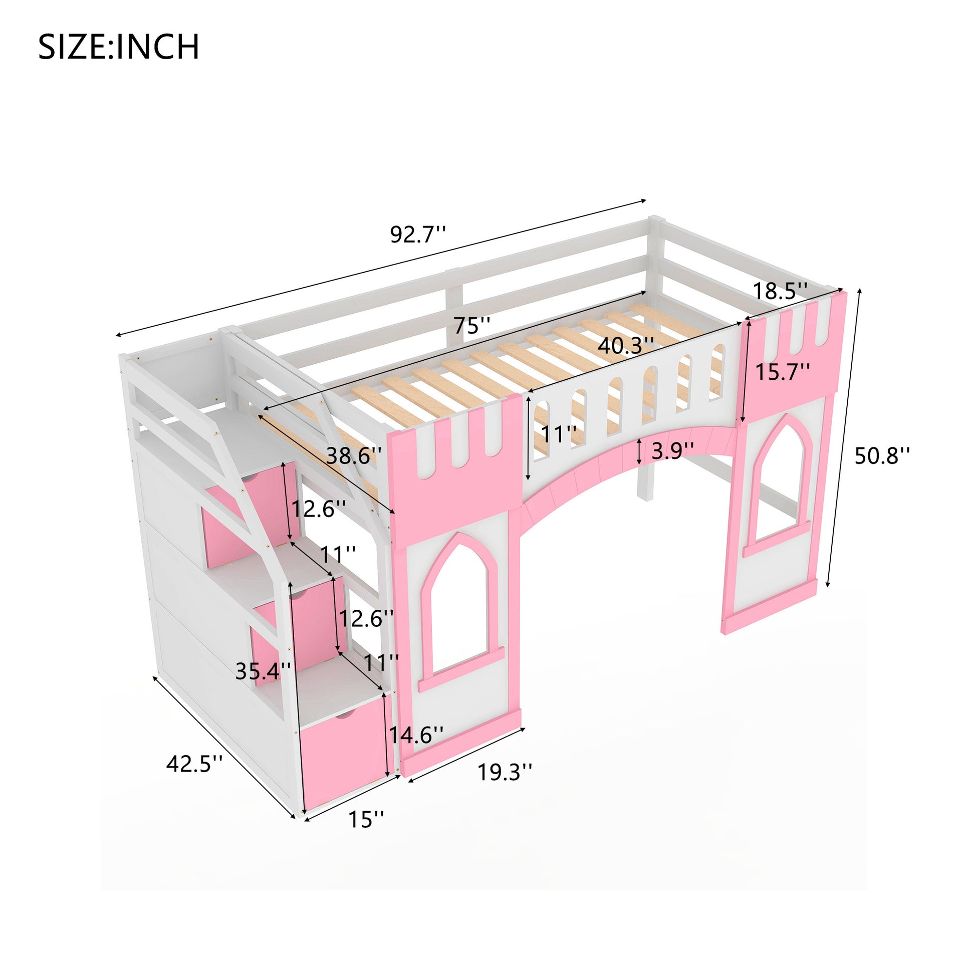 Twin Size Loft Bed With Storage Staircase And Window, Pink Box Spring Not Required Twin Pink Wood Bedroom Solid Wood Mdf