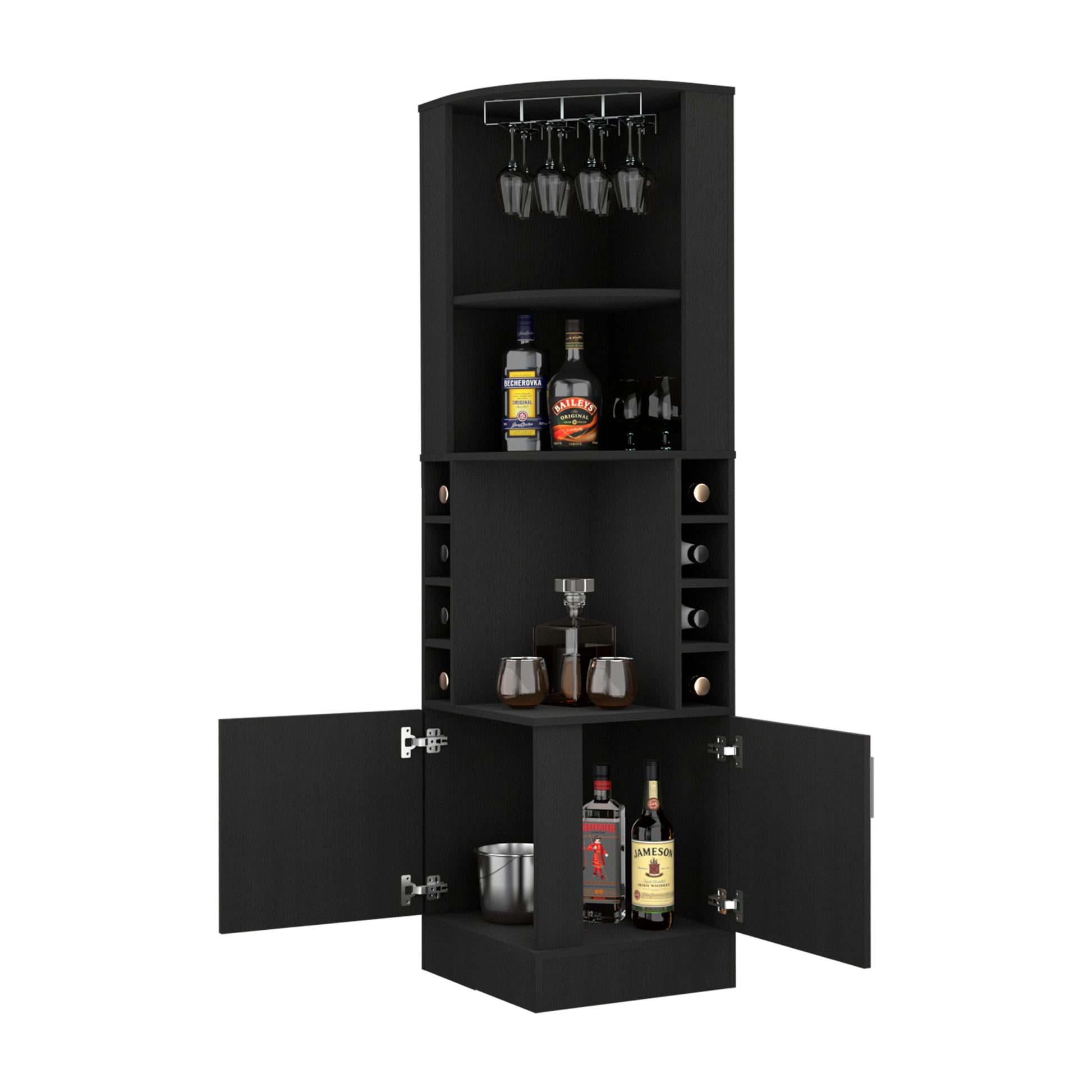 Seattle Bar Cabinet, Eight Bottle Cubbies, Two Large Open Shelves Vertical Black Open Storage Space Contemporary Pine Particle Board Engineered Wood