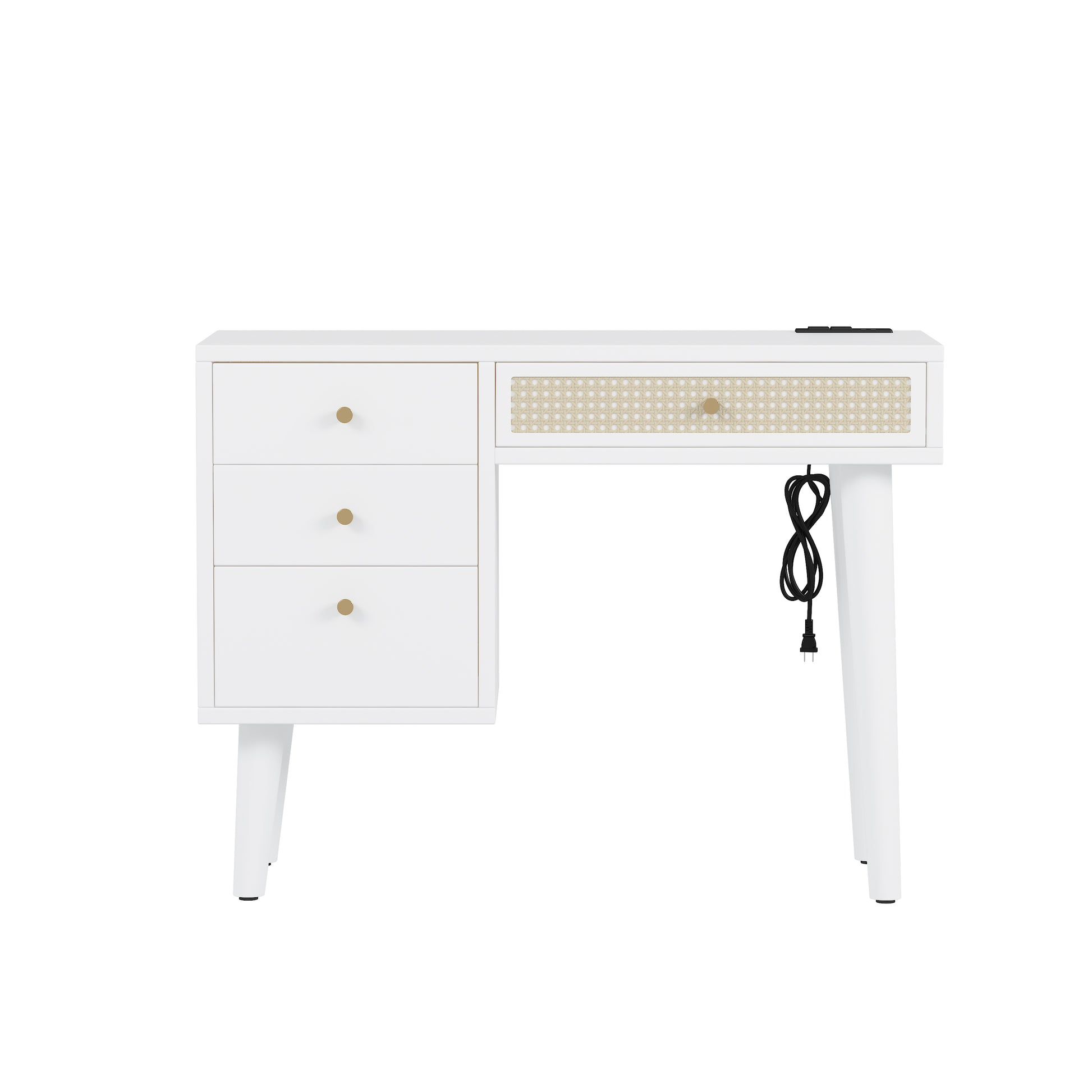 39" Retro Bohemian Style Wooden Makeup Vanity Set With Charging Plug&Usb Port And Stool, Dressing Table With 3 Storage Drawers And 1 Rectangular Rattan Drawer, White White 4 Drawers Wood