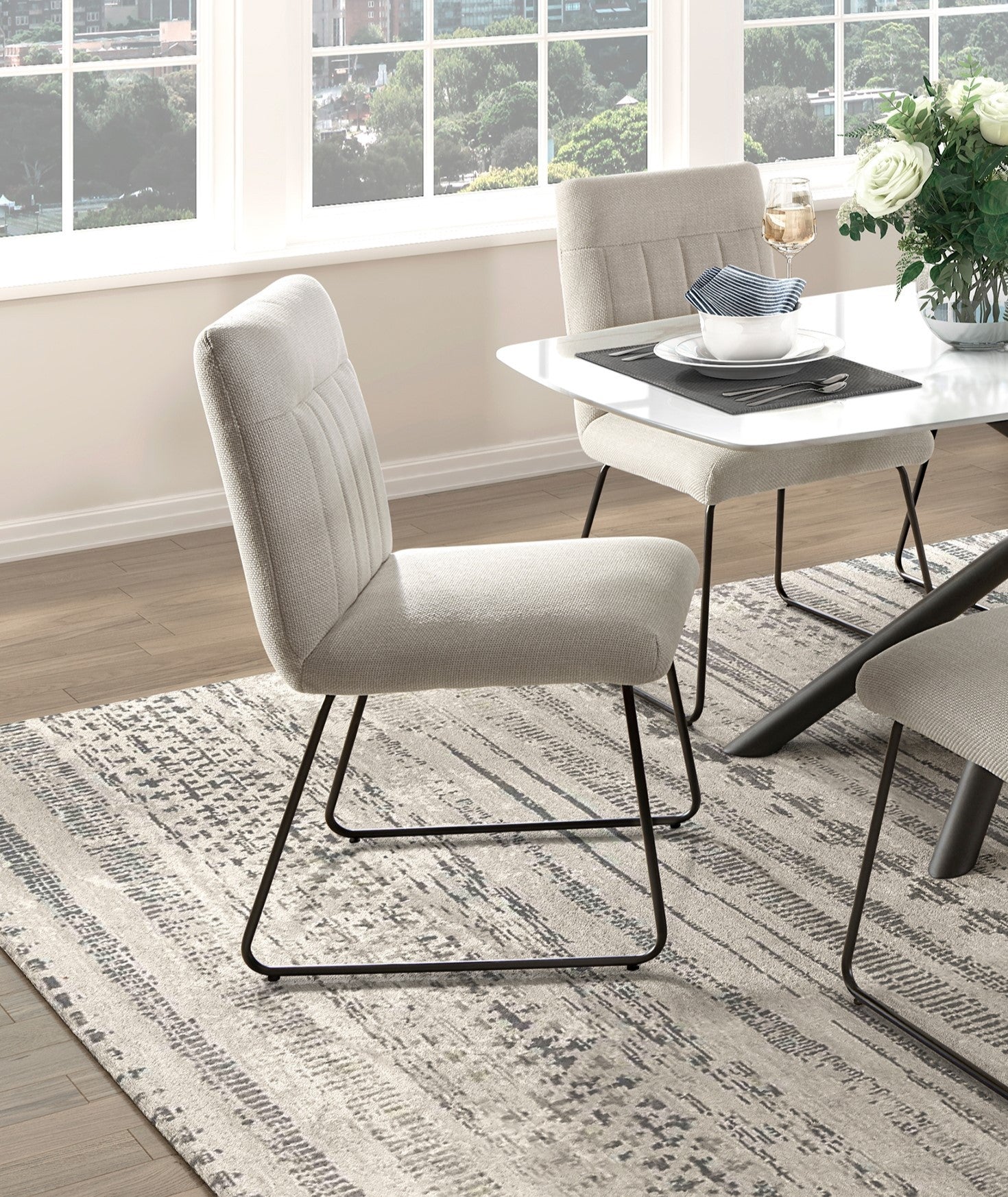 Modern Design Beige Fabric Upholstered Side Chairs 2Pc Set, Tabular Black Finish Metal Legs Casual Dining Furniture Beige Dining Room Casual,Modern Side Chair Fabric