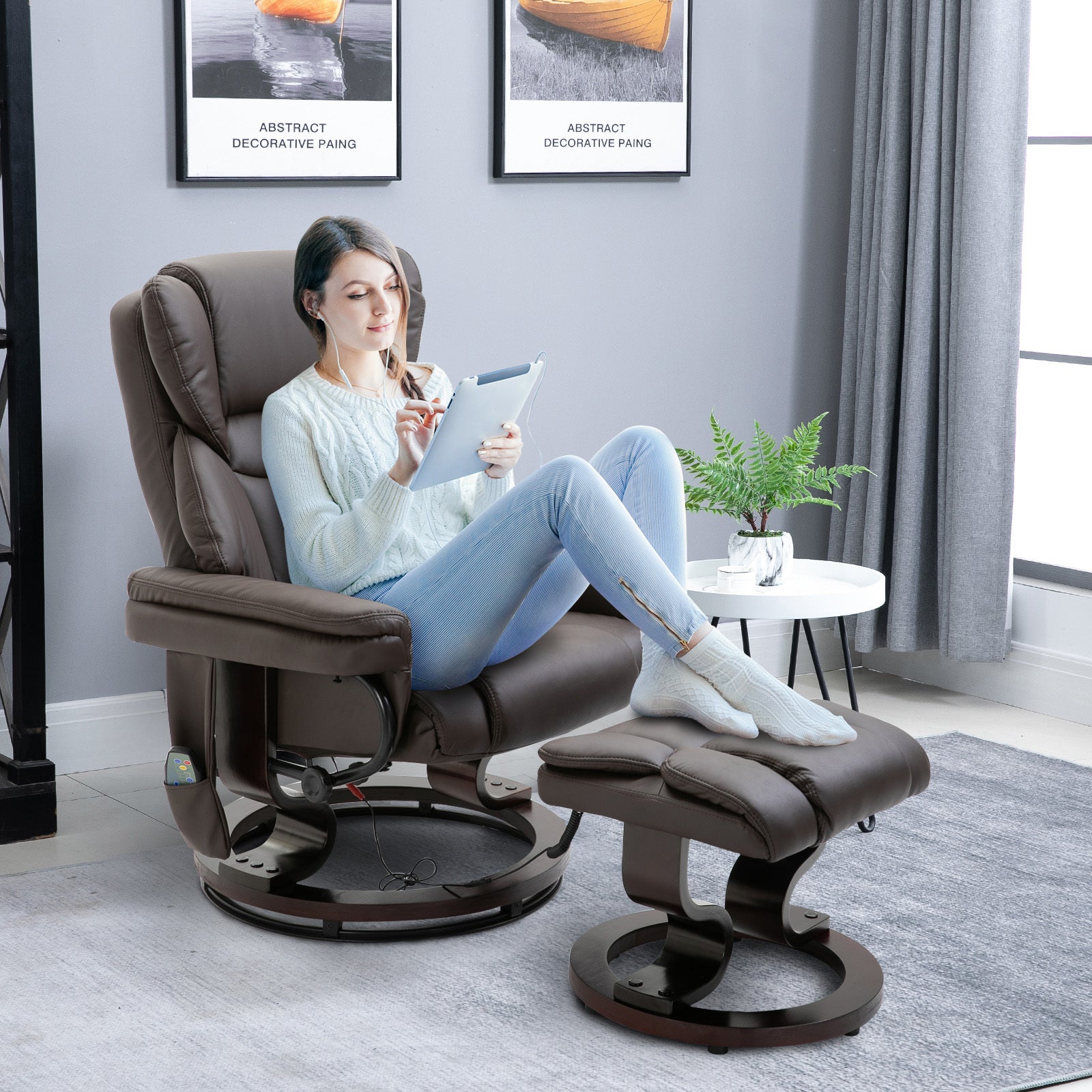 Homcom Massage Recliner Chair With Ottoman Footrest, 10 Vibration Points, 360 Swivel Reclining Chair, Faux Leather Living Room Chair With Side Pocket And Remote Control, Brown Brown Steel