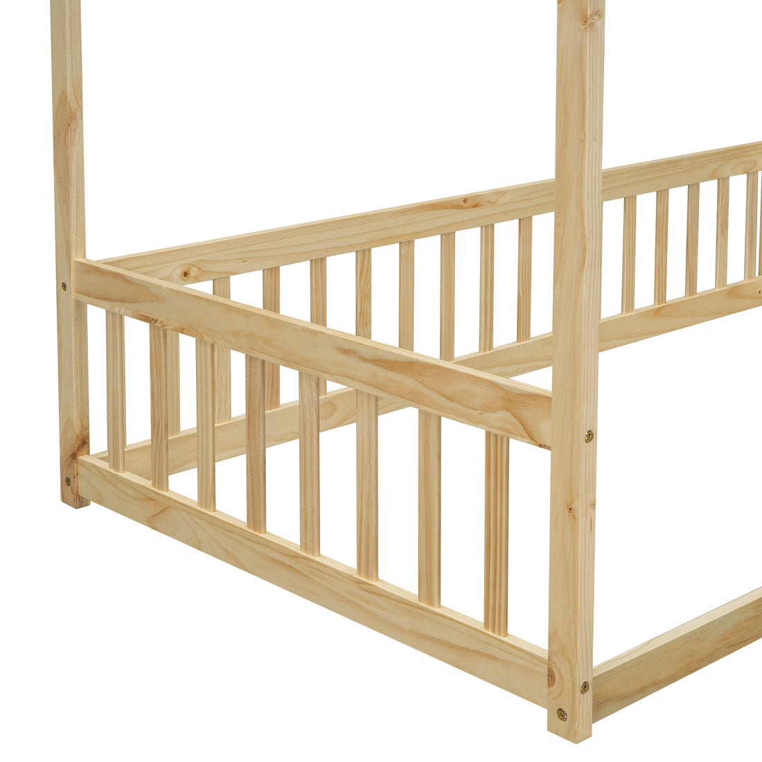 Twin Size Canopy Frame Floor Bed With Fence, Guardrails,Natural Twin Natural American Design Pine