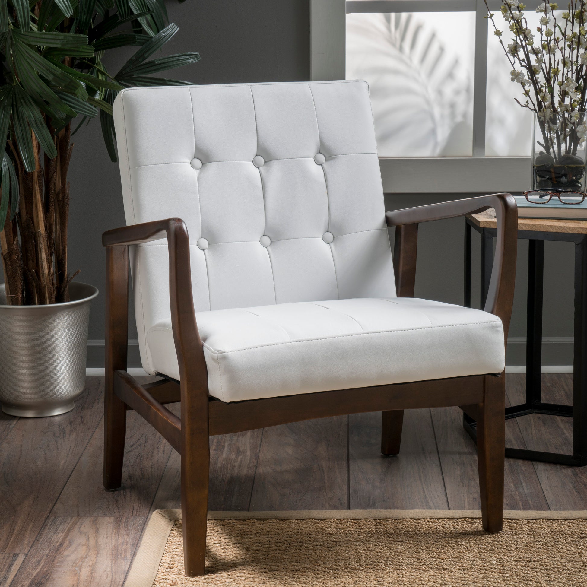 Mid Century Modern Faux Leather Club Chair With Wood Frame, White And Dark Espresso White Pu