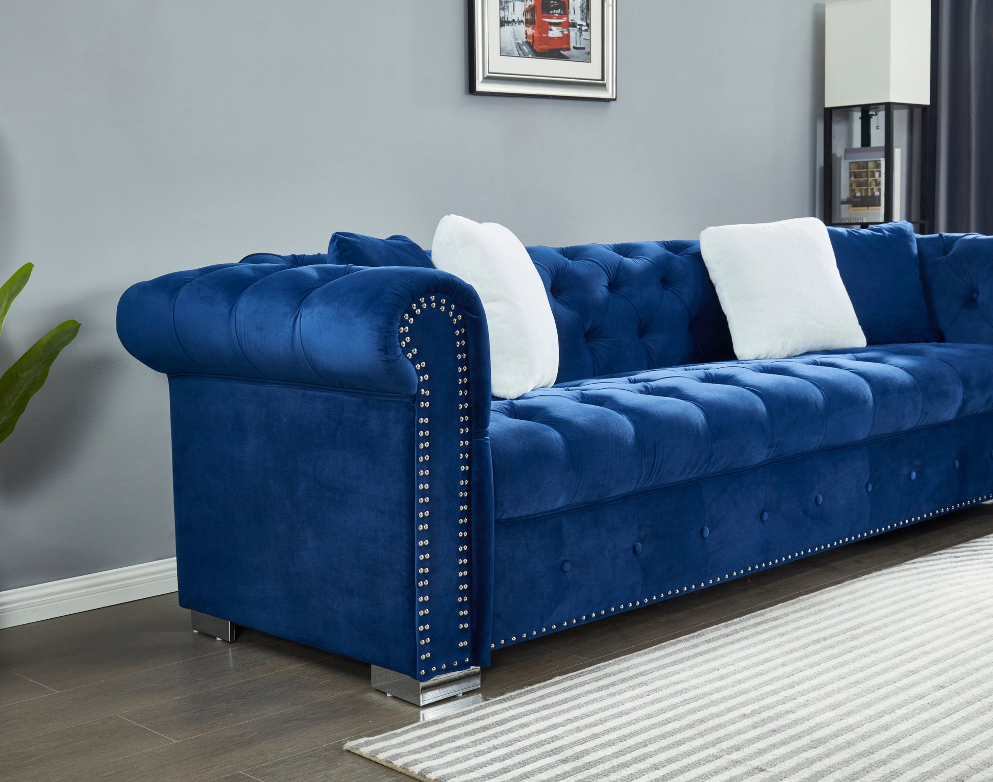 Reversible Sectional Sofa 4 Seater Oversized Convertible L Shaped Couch Velvet Sofa Couch Navy Blue Velvet 4 Seat