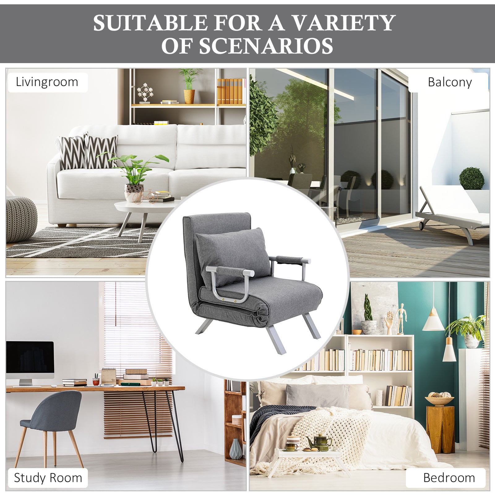 Homcom Single Person Folding 5 Position Convertible Sofa Bed Sleeper Chair Chaise Lounge Couch W Pillow & Steel Frame For Home Office, Light Grey Light Grey Fabric 1 Seat