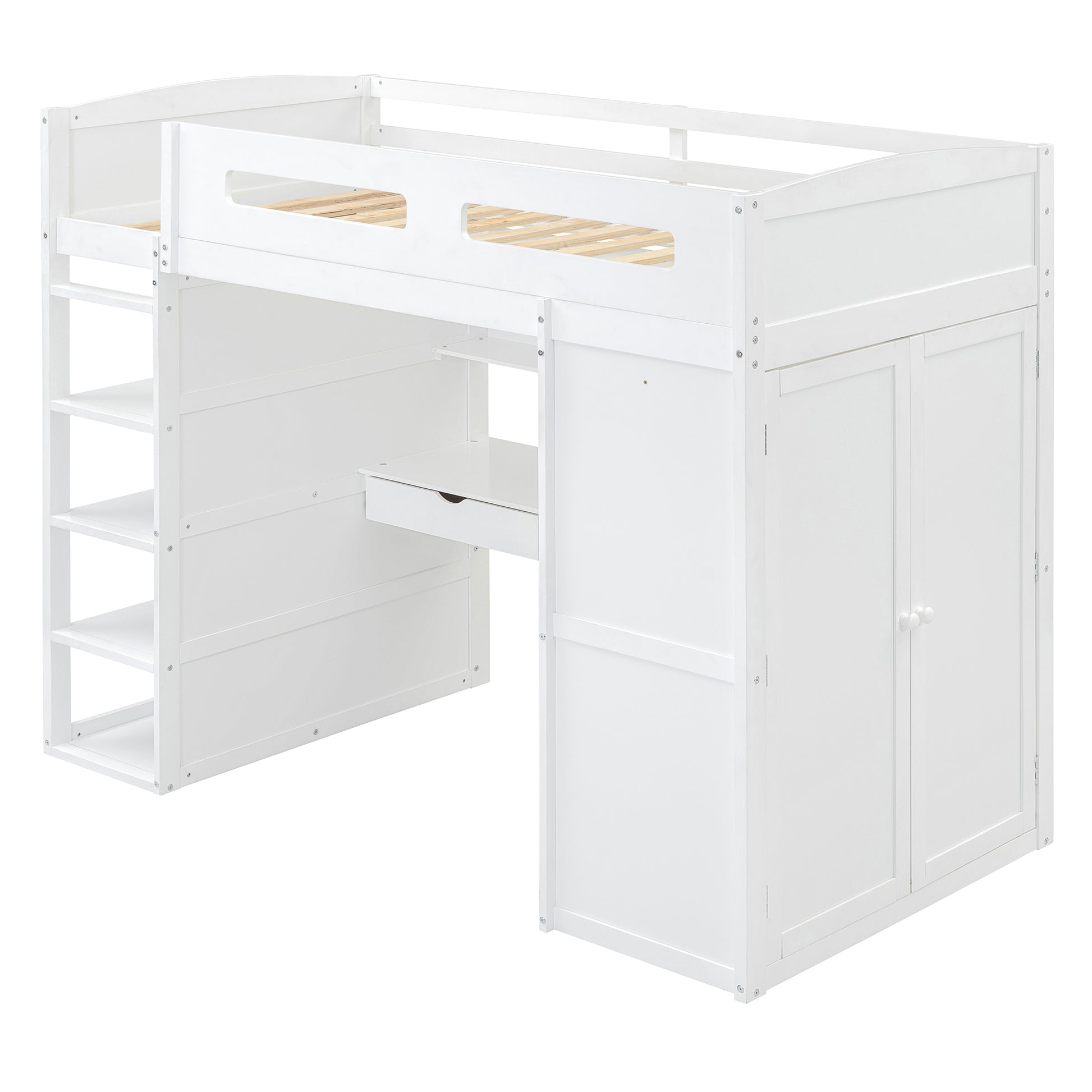 Twin Size Loft Bed With Desk, Wardrobes, 4 Drawers And 4 Shelves White Twin White Solid Wood