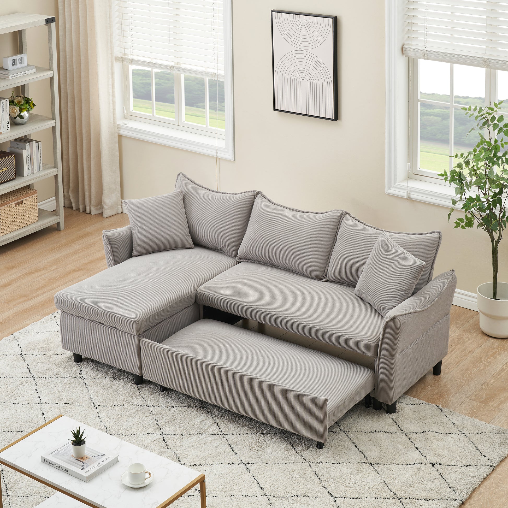 This 80 Inch Gray Corduroy L Shaped Sofa Comes With Two Small Throw Pillows That Can Be Converted Into A Sofa Bed For Storage Gray Corduroy 3 Seat