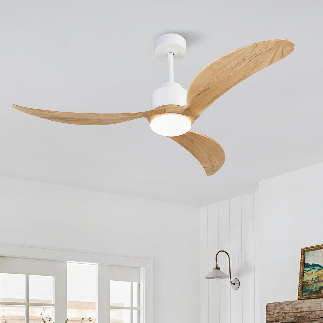 52" Ceiling Fan With Dimmable Led Light Remote Control,Quiet Dc Motor 6 Speed Levels,Adjust Height 3 Pcs Rod Reversible Ceiling Fan, For Patio Living Room, Bedroom, Office,Indoor. White Natural White Farmhouse,Industrial Iron Wood