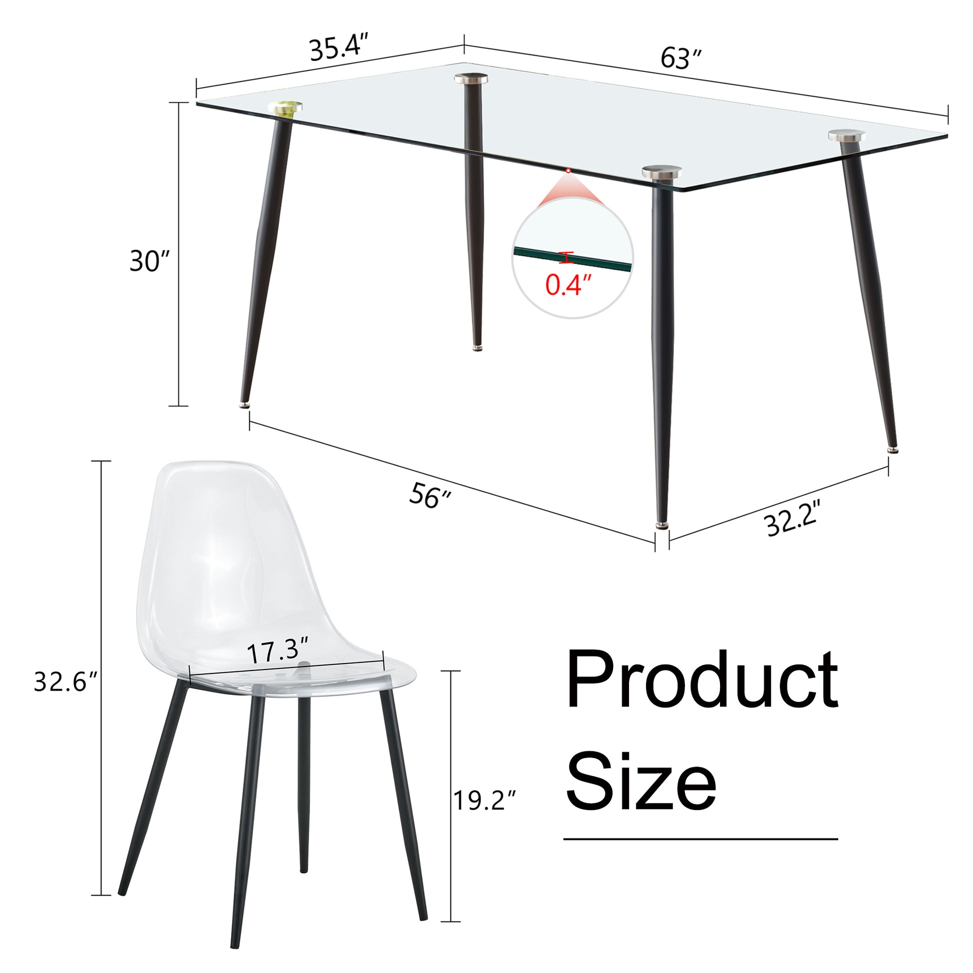 1 Table And 4 Chairs. Rectangular Table, Transparent Tempered Glass Tabletop, And Black Metal Table Legs. Paired With 4 Black Metal Leg Chairs. Dt 1544 Tw 1200 Transparent Seats 4 Glass Metal