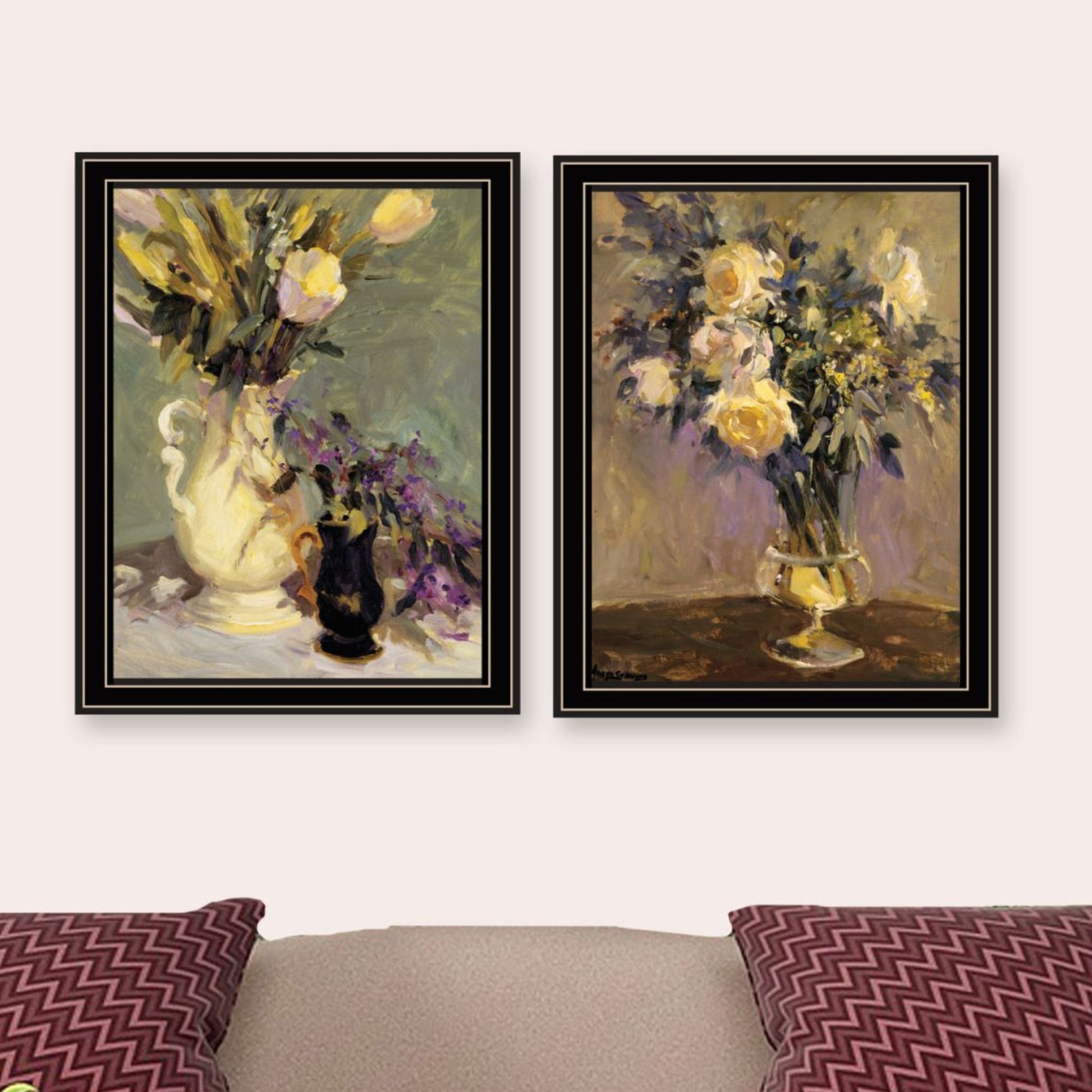 "Abstract Tulips & Lavender Flower Vases" Framed Wall Art For Living Room, Wall Art Print For Home Decor, Bedroom Wall Art By Jg Studio Multicolor Wood Paper