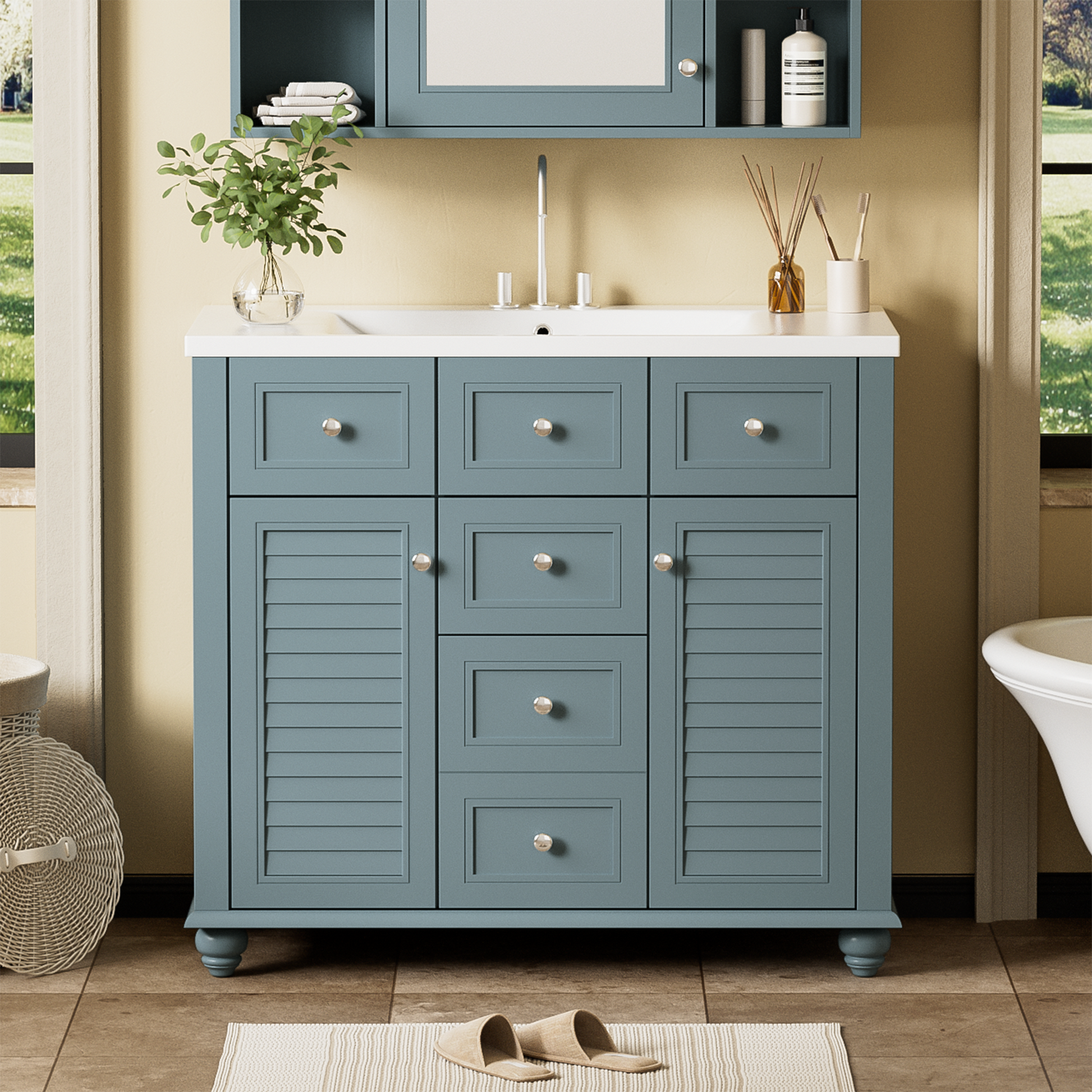 36" Bathroom Vanity Cabinet With Sink Combo Set, Undermount Resin Sink, Free Standing Vanity Set With 2 Drawers& Soft Closing Doors, Solid Wood Frame Bathroom Cabinet, Blue 2 Blue 2 Bathroom Freestanding French Country Solid Wood Mdf Resin Painted