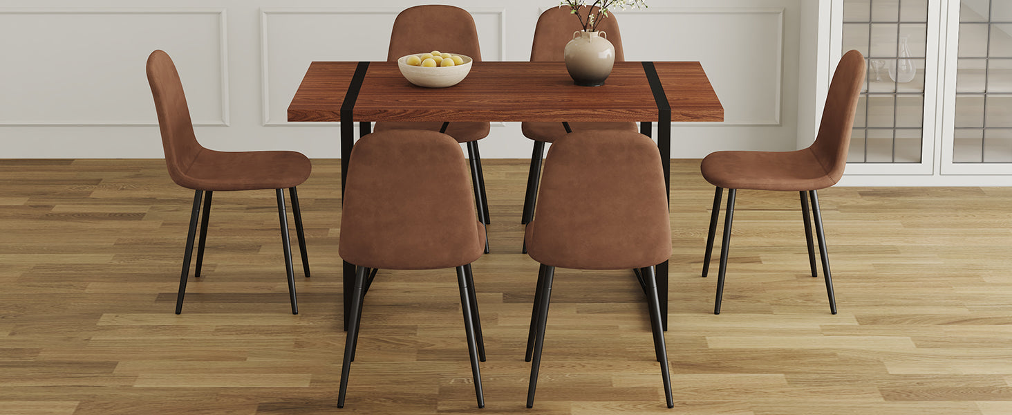 Table And Chair Set. A Minimalist Retro Rectangular Dining Table With A Specially Textured Top And Black Metal Legs, Paired With Soft Chairs And Black Metal Legs, Showcases A Beautiful Home Style. Brown Seats 6 Mdf Metal