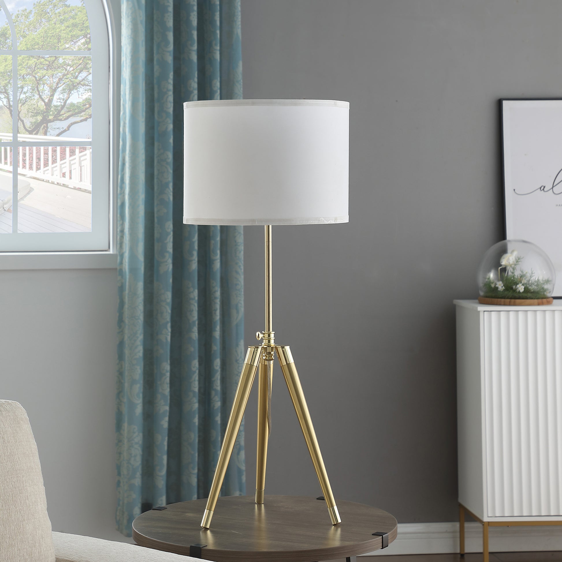 35.5" 25.75"H Adjustable Hieght Brass Shiny Gold Modern Tripod Table Lamp For Living Room, Nightstand Bedside Table Lamp For Bedroom, Led Lamp Gold White Fabric Metal