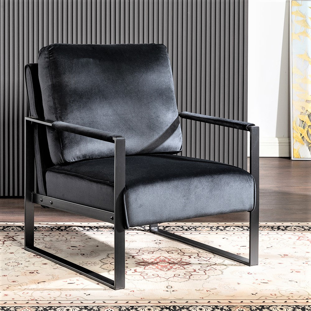 Classic Mid Century Modern Accent Chair With Durable Square Metal Frame, Armchair For Living Room, Bedroom, Home Office In Plush Velvet Upholstery, Black Black Velvet