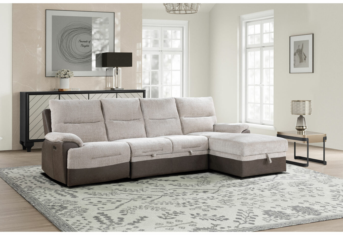 Kia Beige Brown Sectional With Po And Usb Beige Fabric 5 Seat