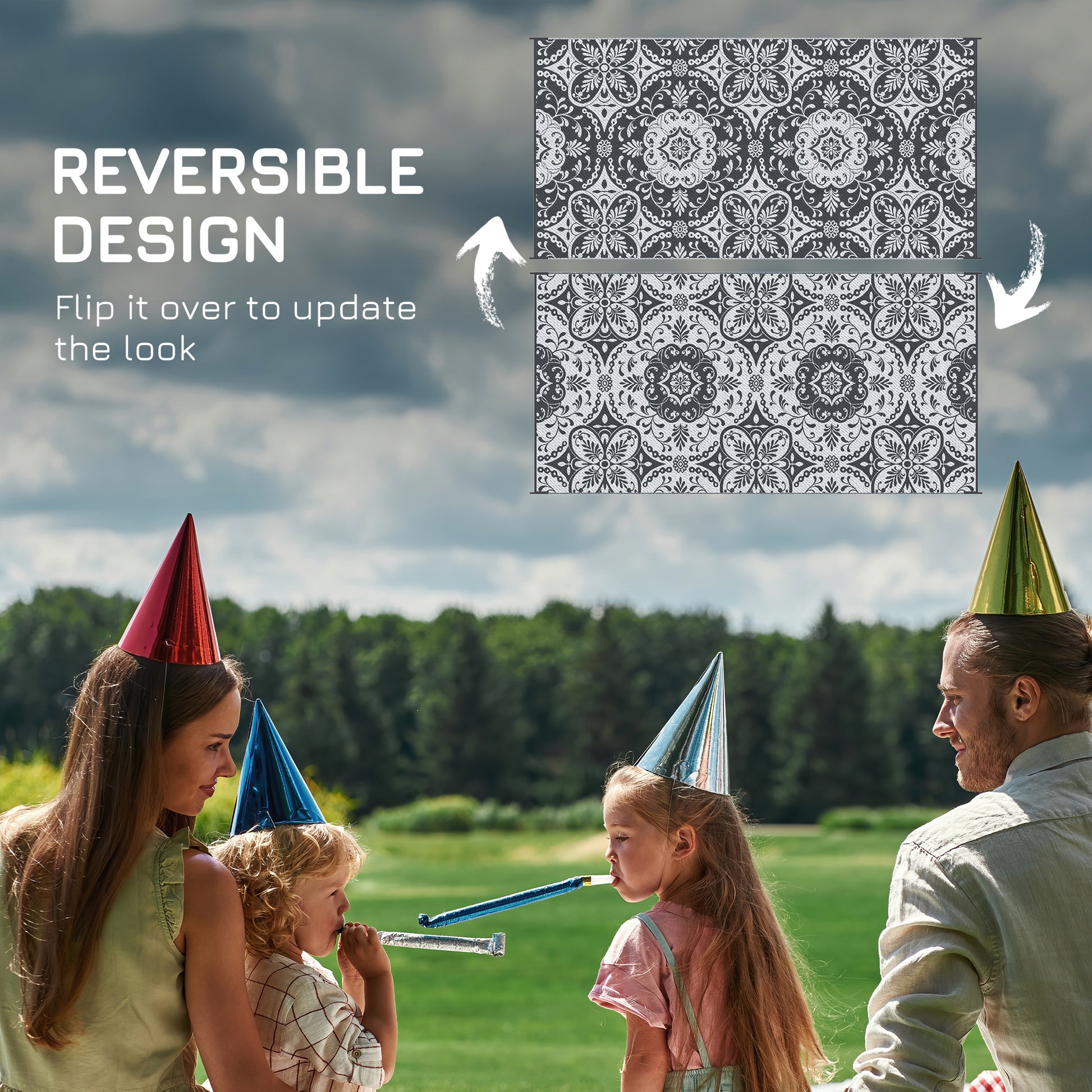 Outsunny Reversible Outdoor Rug, 9' X 18' Waterproof Plastic Straw Floor Mat, Portable Rv Camping Carpet With Carry Bag, Large Floor Mat For Backyard, Deck, Picnic, Beach, Gray & White Floral Multicolor Polypropylene