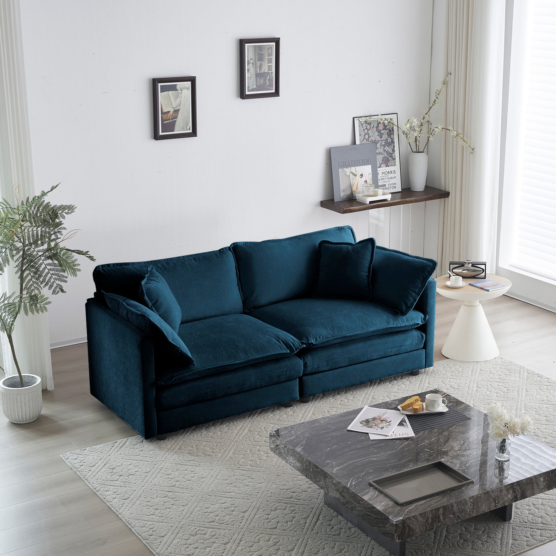 Modern Fabric Loveseat Sofa Couch For Living Room, Upholstered Large Size Deep Seat 2 Seat Sofa With 4 Pillows ,Blue Chenille Blue Chenille 2 Seat