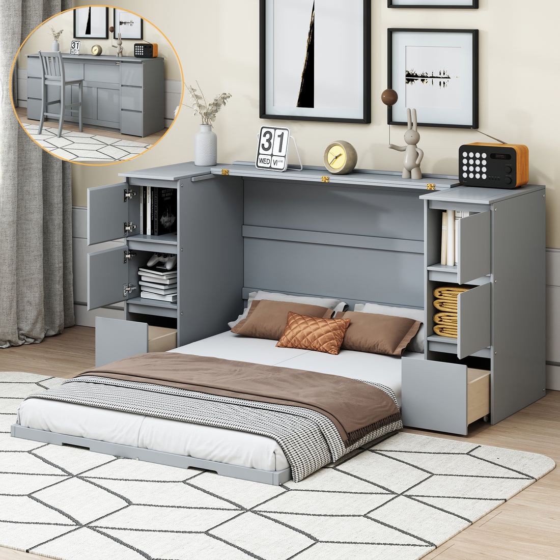 Full Size Murphy Bed With Drawers, Cabinets And Usb Ports,Gray Full Gray Mdf Lvl