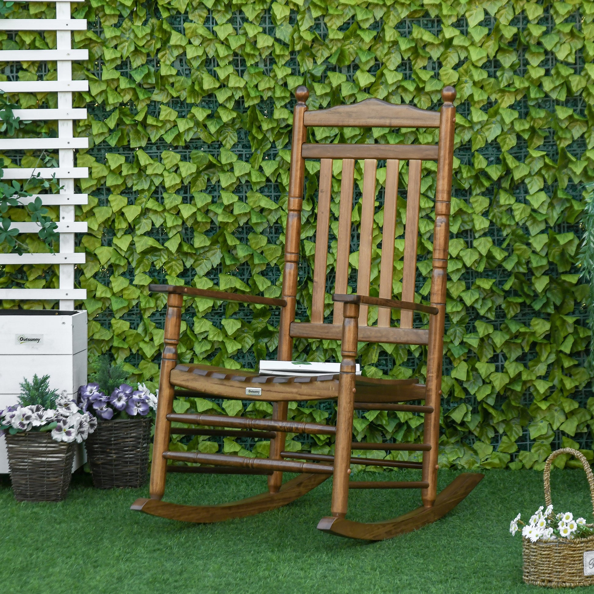 Outsunny Traditional Wooden High Back Rocking Chair For Porch, Indoor Outdoor, Brown Brown Wood