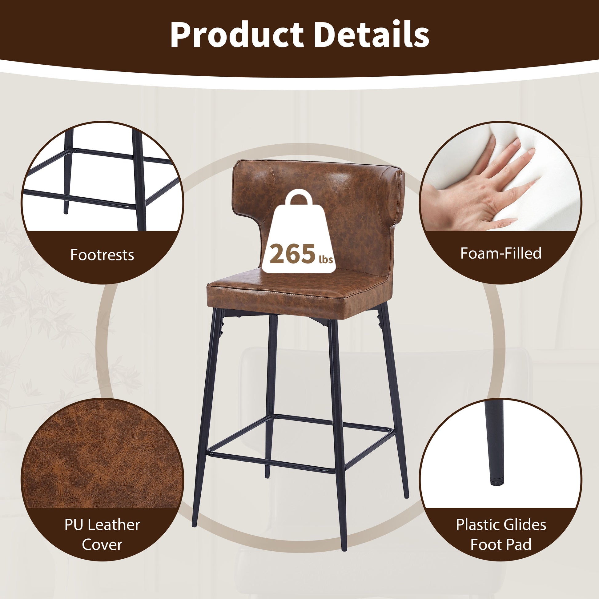 28Inch Counter Height Bar Stools Set Of 2, Modern Bar Upholstered Chairs With Pu Leather, Metal Footrest And Frame For Kitchen Island, Bar Table, Dining Room, Brown Solid Kitchen Solid Back Set Of 2