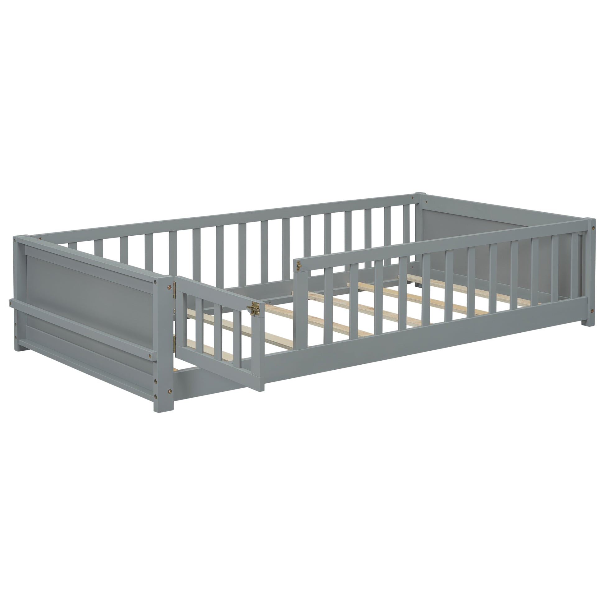 Twin Size Floor Platform Bed With Built In Book Storage Rack, Door,Grey Twin Grey American Design Pine