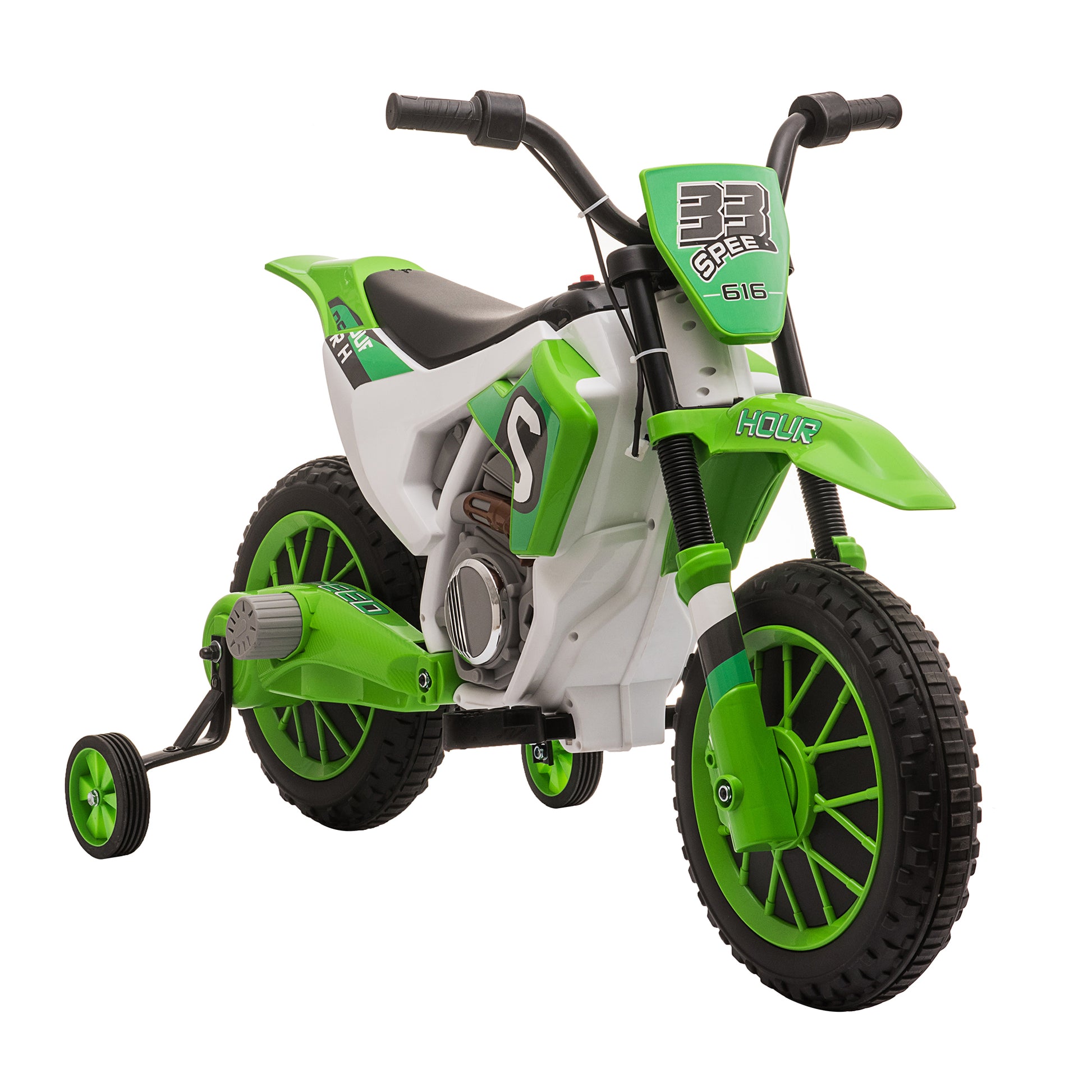 Aosom 12V Kids Motorcycle Dirt Bike Electric Battery Powered Ride On Toy Off Road Street Bike With Charging Battery, Training Wheels Green Green Plastic