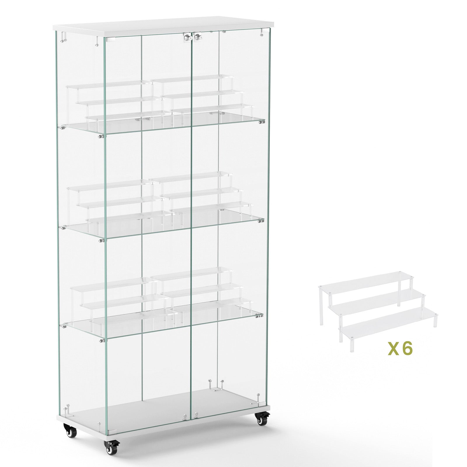 4 Tier Glass Display Cabinet, Double Door Glass Cabinet With Two Locks, Floor Standing Storage Cabinet With 6 Acrylic Shelves For Living Room, Bedroom And Office, White, 31.5"L X 14.2"W X 65.1"H
